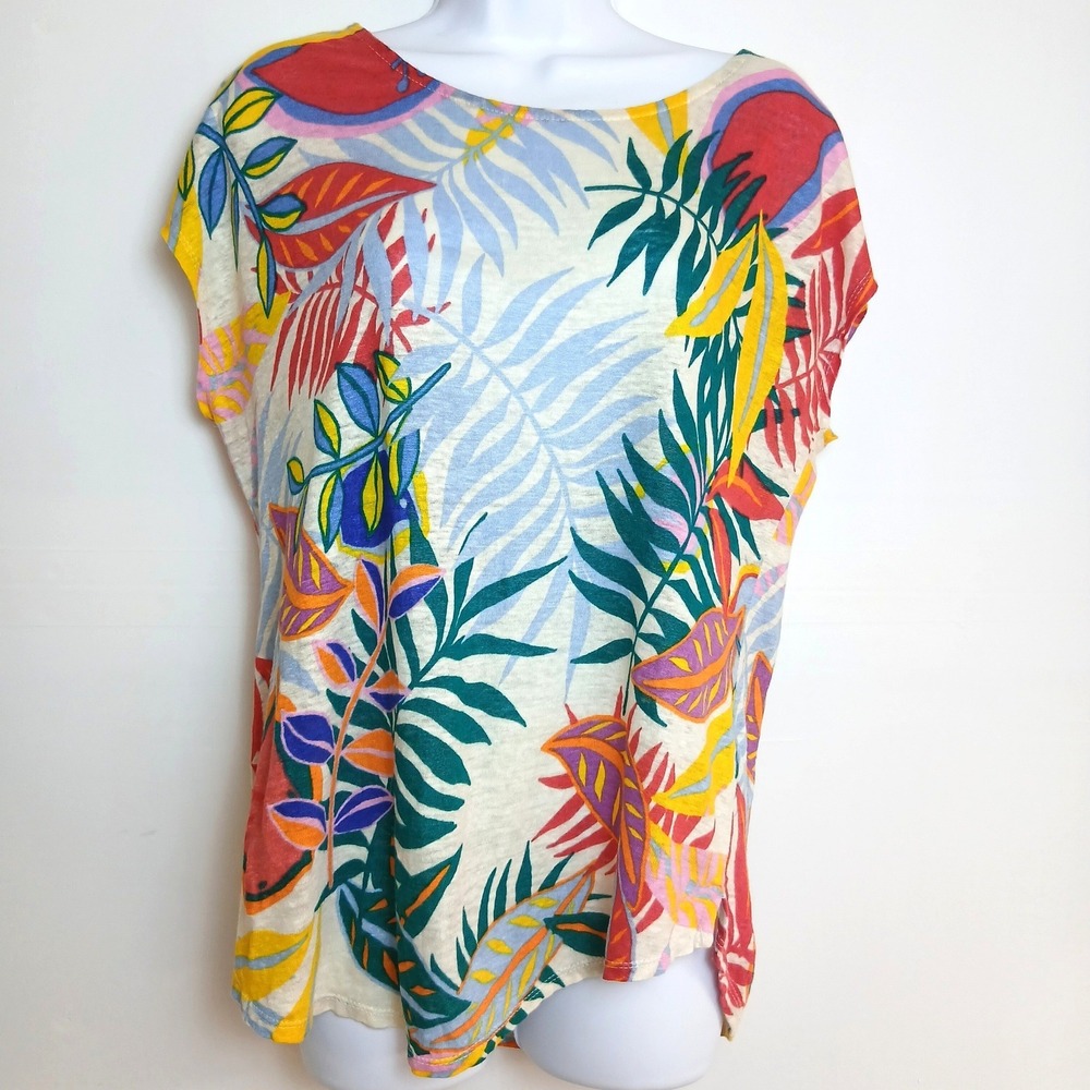 C&C California Women L 100% Linen Tropical Palm Leaf Print Top Resort Beach